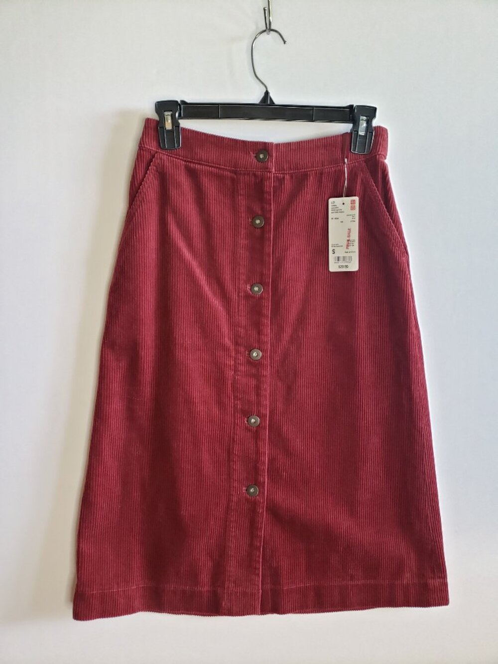 Uniqlo Corduroy Front Button A-line Midi Skirt High Waist Size Small Wine Red